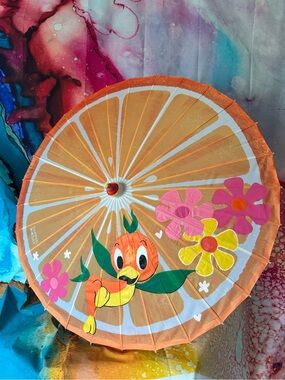 Hand-Painted Orange Bird Parasol with Pink & Yellow Flowers